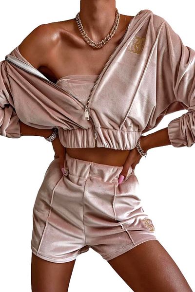 FashionForYou Kabe velvet three-piece set, zip-up blouse, bustier and shorts, Powder pink, L