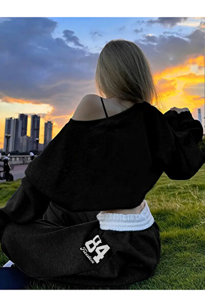 Machetta Women's 84 Printed Off Shoulder Sweatshirt Sweatpants 3 Thread Double Set