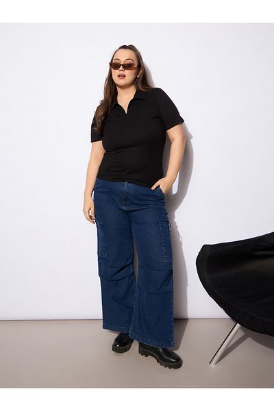 Sassafras By Styli Plus Size Rib Front Zipper Polo Neck Top