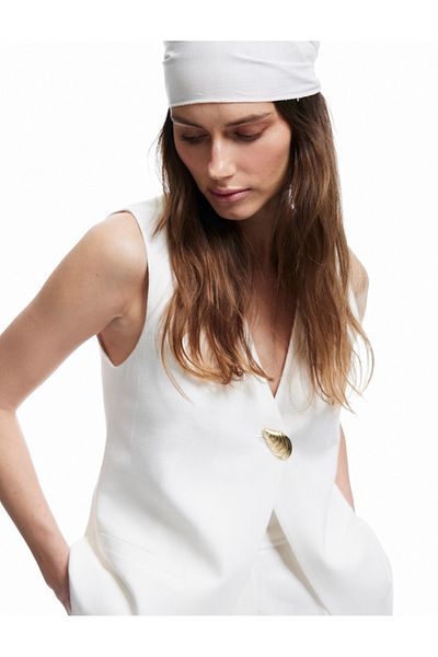 Koton X Melis Ağazat - V-Neck Sleeveless Vest with Metal Buttons and Pocket Detail