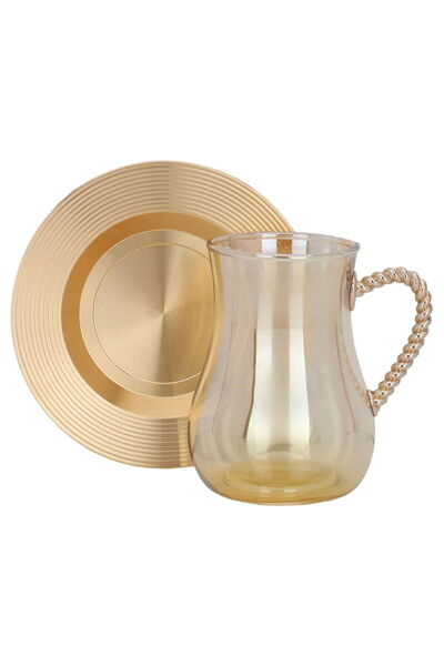 Amber Glass Tea Set with Plate, 12 Pieces, 200 ml - Gold
