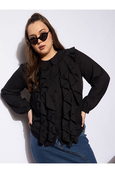 Sassafras By Styli Plus Size Solid Round Neck Top with Ruffled Detail