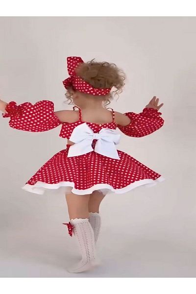 NİSAY BOUTİQUE Girl's Red Polka Dot Ruffled Skirt Strapless Sleeve Detailed Bow Stylish Summer Combination Suit