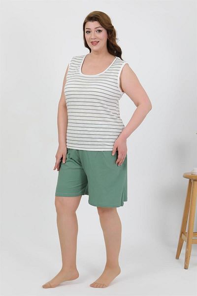 Celira Women's Plus Size Thick Strap Combed Cotton Shorts Suit with Pockets Green 202509