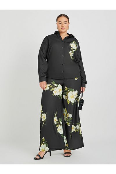 Styli Plus Size Floral Printed Satin Shirt and Wide Leg Pants Co-Ords