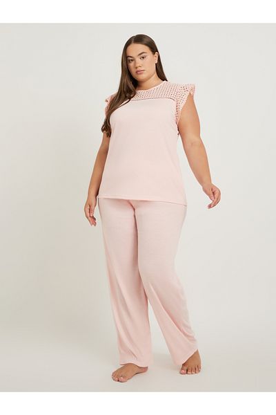 Styli Plus Size Schiffli Yoke Flat Pompom Detail Top and Pyjama Set