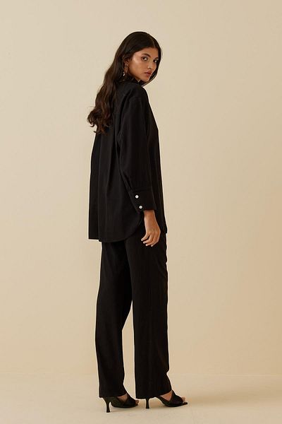 Fahhar Cuff Detailed Linen Suit Black