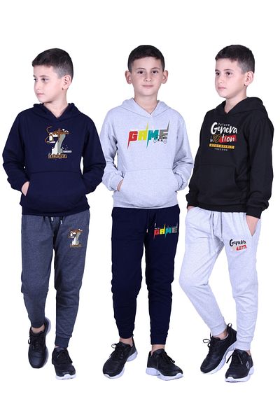FYK KİDS 3-Piece Boy's Hooded Printed Detail Track Suit Set