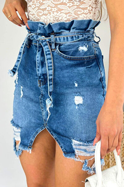 FashionForYou Fusta denim Cute Touch, cu perforatii accentuate si croi paper bag, Albastru