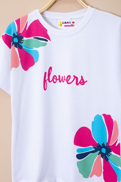 Cansın Mini Fuchsia Shoulder Flower Printed T-Shirt Shorts Girls 2 Piece Set 21068