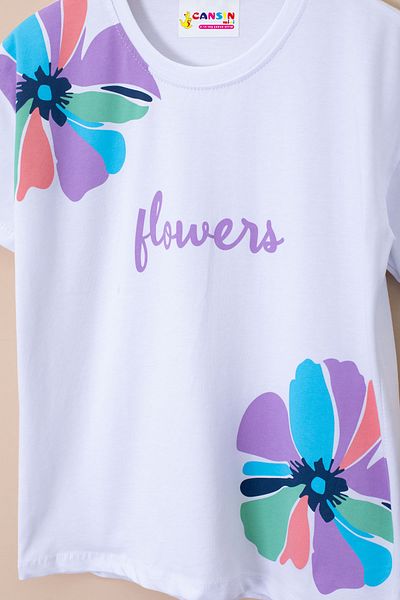 Cansın Mini Lilac Shoulder Flower Printed T-Shirt Shorts Girls 2 Piece Set 21069