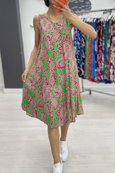 AYASOFYA OTANTIK Rochie midi fără mâneci cu model verde fistic pentru damă
