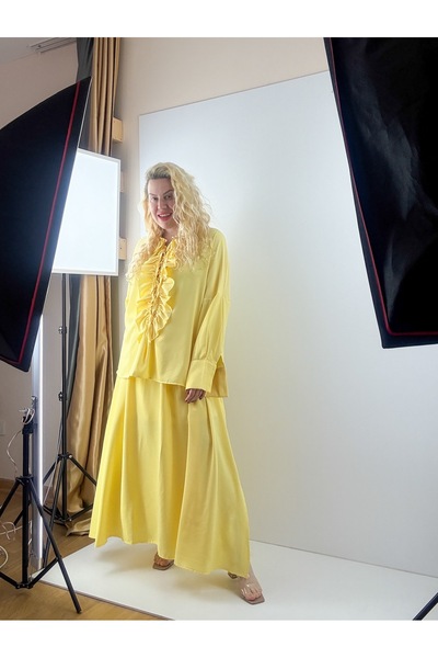 Modaonna Yellow Chiffon Ruffle Blouse Skirt Suit