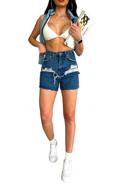 FashionForYou Richmond high-waisted denim shorts with asymmetrical perforations, Navy blue