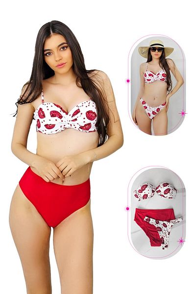 FashionForYou Maggie Three-piece Swimsuit, Abstract Print And Push-up Bra, Red, 42