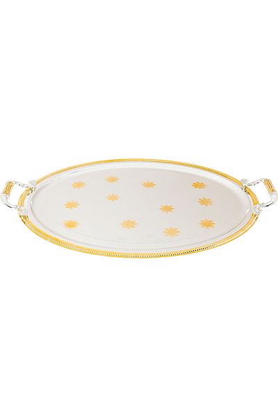 Alsaif Gallery Steel Serving Trays Set with Golden Edges, Al Saif Gallery, 3 Pieces, Oval Engraved - Silver