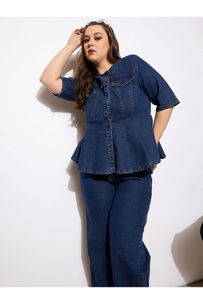 Sassafras By Styli Plus Size Plain Denim Peplum Top and Jeans Co-Ords