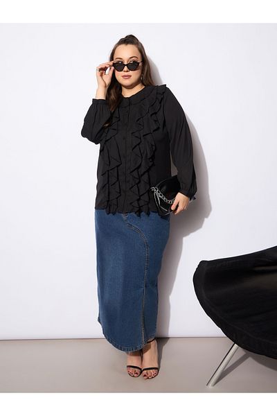Sassafras By Styli Plus Size Solid Round Neck Top with Ruffled Detail
