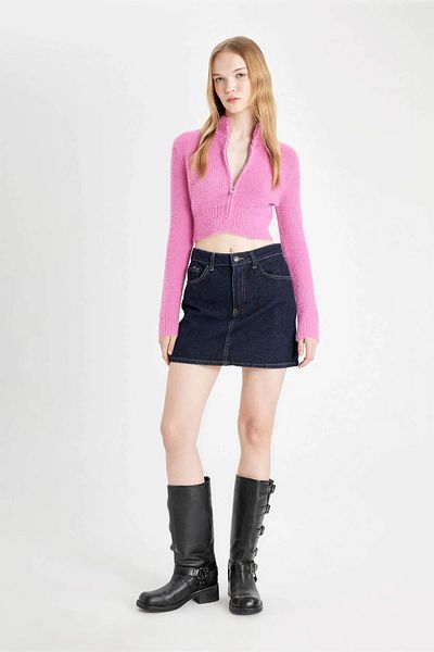 DeFacto Coool Crop Basic Plain Zippered Stand Collar Knitwear Cardigan