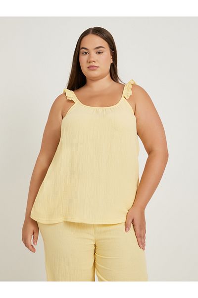 Styli Plus Size Cotton Gauze Ruffle Trim Cami and Pyjama Set