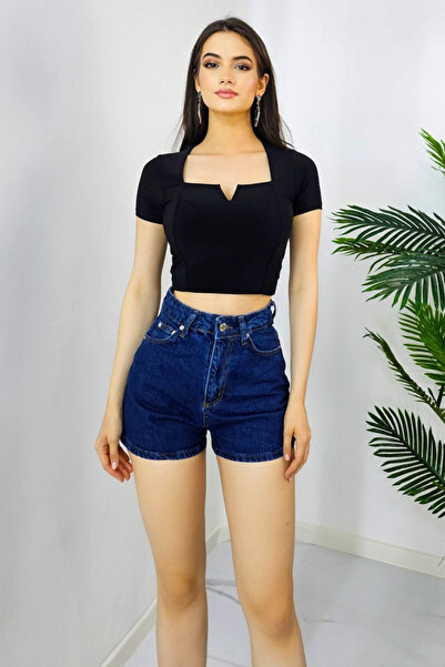 FashionForYou Soled denim shorts, slim fit mom cut and practical pockets, Navy blue