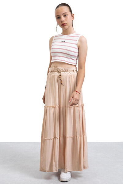 Cansın Mini Μπεζ ψάθινη ζώνη μακριά κομμένη ριγέ κοριτσίστικη φούστα 21129