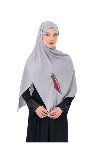 Zaytoon Polyster Gray Color Shawl Palestine Map Embroidered with Watermelon Colors S100036