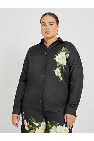 Styli Plus Size Floral Printed Satin Shirt and Wide Leg Pants Co-Ords