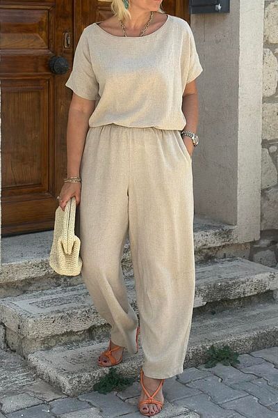 Suzi 100% Linen Bluz Trousers Set Cr2010