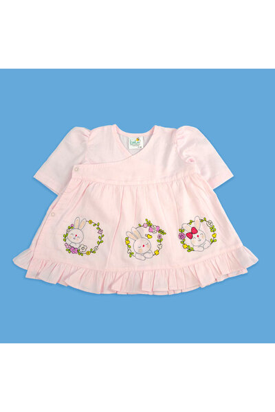 KeeBee Organic Cotton Rabbits Embroidered Pink Puff Sleeve Girls Wrap Dress