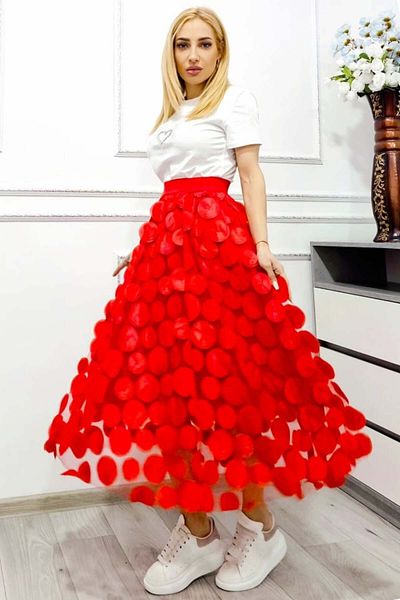 FashionForYou Zefira Occasion Skirt, with tulle, satin applications and 3D polka dots, Red, Size S/M