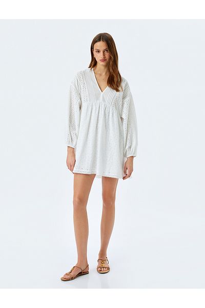 Koton Cotton Long Balloon Sleeve V Neck Mini Scalloped Dress