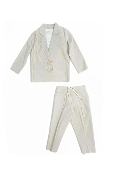 Zekids Erkek Çocuk Keten Ceket T-shirt Pantolon 3lü Basic Takım Elbise