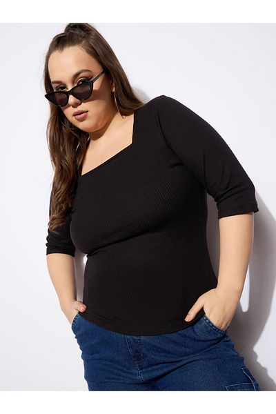 Sassafras By Styli Plus Size Ribbed Square Neck Top