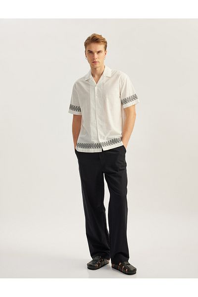 Koton Cotton Turn-Down Collar Regular Fit Pattern Embroidered Short Sleeve Shirt