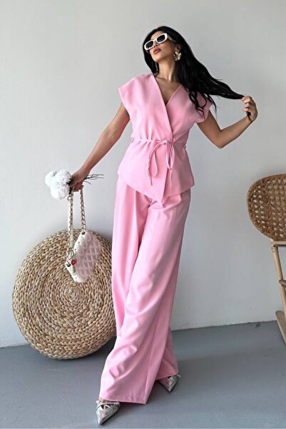 AKD Atelier Kadın İkili Alt Üst Takım Bağcıklı Bol Kesim Dökümlü Yazlık Kısa Kollu Kimono Ceket Palazzo Pantolon