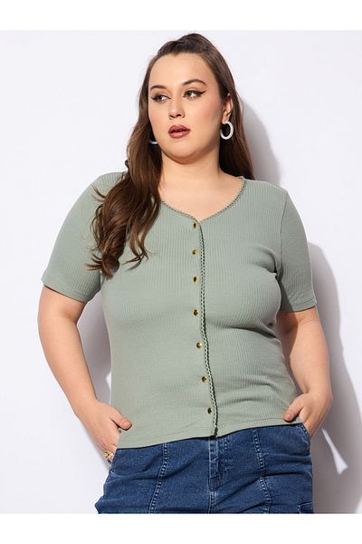 Sassafras By Styli Plus Size V-Neck Buttoned Short Sleeve Top