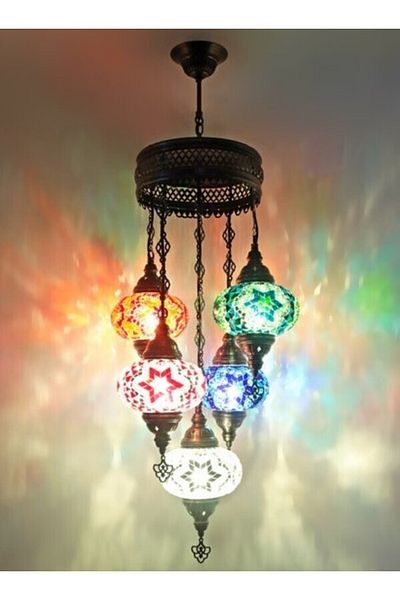 Demmex Mosaic Lamp 5-Piece Ottoman Authentic Colored Glass Handmade Boho Pendant Lamp Chandelier, 5 Large Glass