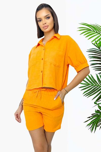 FashionForYou Set With Crepe Cotton, Keona, Shirt And Shorts With Drawstring, Orange, S