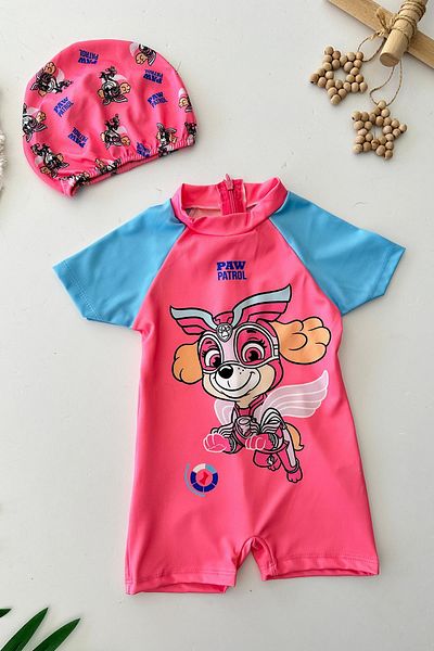 Minigimin Cicileri Miniğimin Cicileri Paw Printed Short Sleeve Zippered Girls Swimsuit Set - Pink