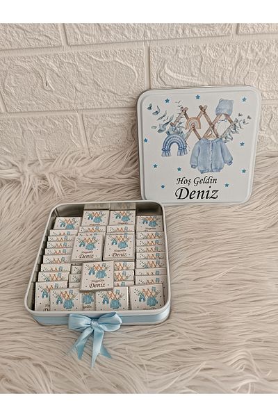 Doğrukan Hediyelik 50 Pieces of Chocolate in a Square Metal Box Newborn Birthday Mevlüt Gifts