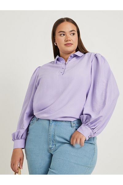 Styli Plus Size Textured Balloon Sleeve Regular Fit Popover Shirt