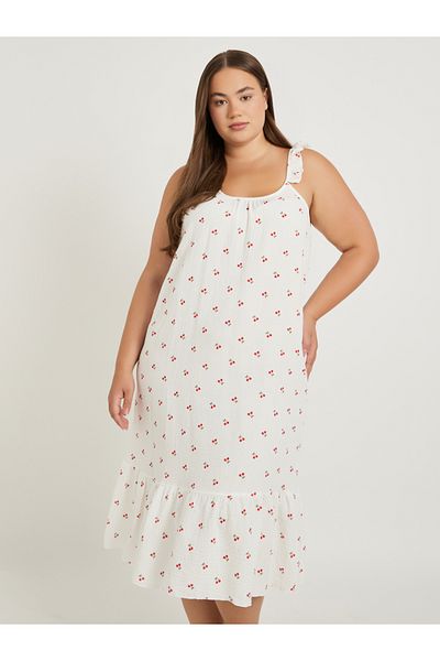 Styli Plus Size Cherry Print Cotton Gauze Ruffle Trim Slip Dress