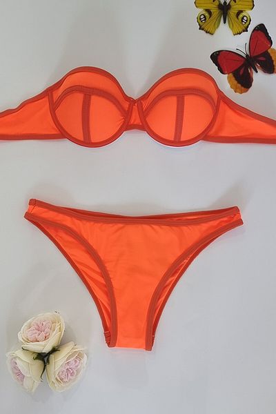 FashionForYou Costum de baie Sunshine din două piese, portocaliu neon, mărime 38