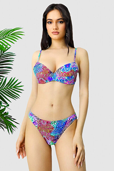 FashionForYou Costum de baie doua piese Yolis, imprimeu jungle si sutien ajus...