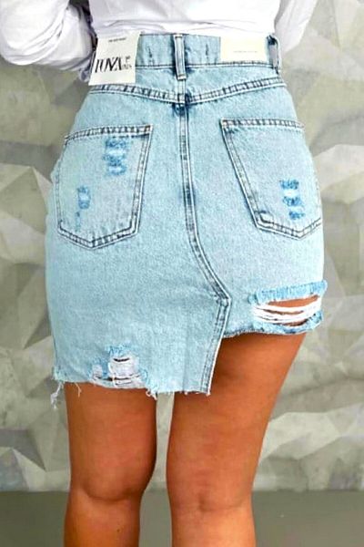 FashionForYou Fustă scurtă din denim Pathos, cu perforații accentuate și croială asimetrică, albastru-zăpadă, mărime S