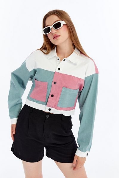 CHOS7N Women's Bomber Gabardine Jacket Snap Button College Denim Jacket with Pockets Colorful Easy to Match Jacket