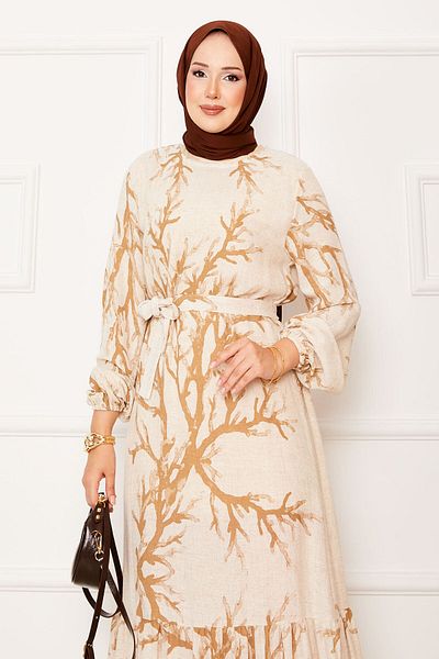 EBRUTESETTÜR Linen Patterned Dress with Belted Waist