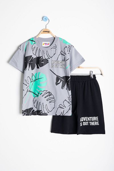Cansın Mini Gray Leaf Printed Crew Neck Boy's 2-Piece Shorts Suit 21055