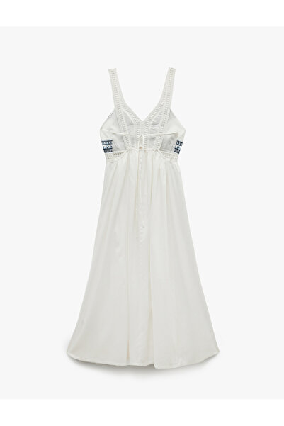 Koton Viscose Ethnic Patterned Back Low-Cut Embroidered Scalloped Brocade Long Strap Dress